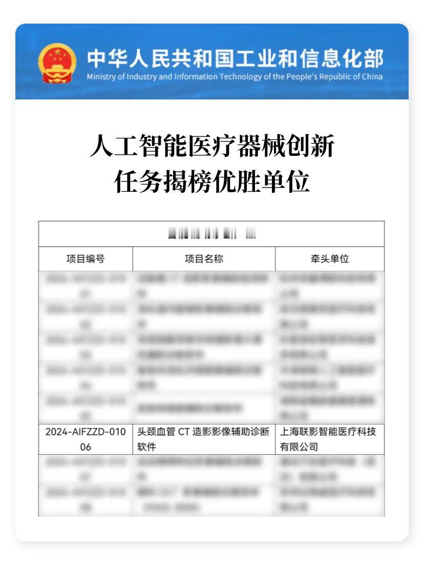 【两年揭榜攻关：联影智能入选《人工智能医疗器械创新任务揭榜优胜单位》】日前，工业