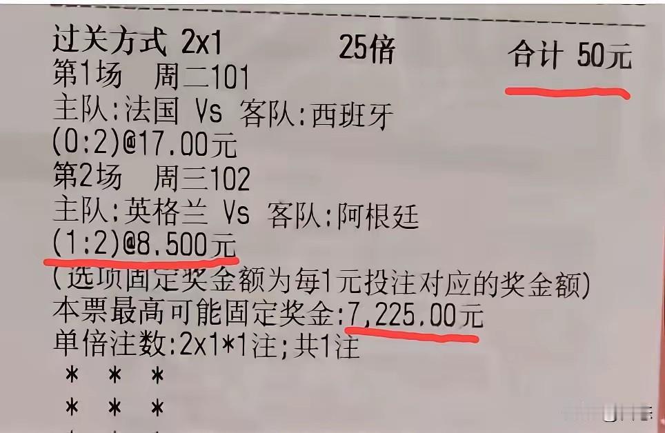 这绝对是个牛人，就是不知道是不是假票，法国队阵西班牙0比2猜中，阿根廷对阵英格兰