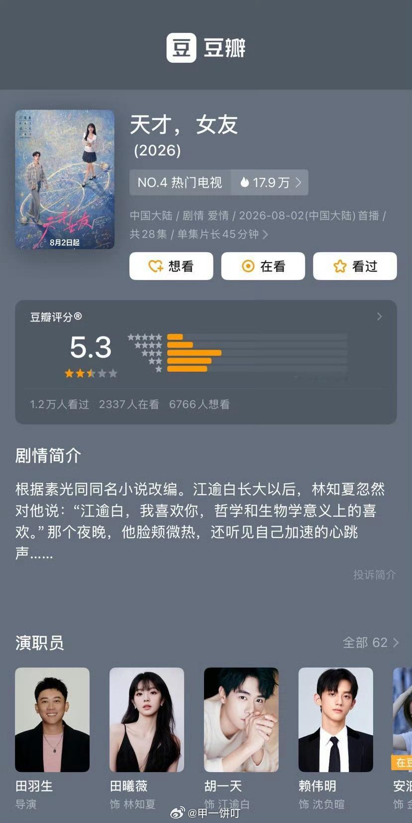 田曦薇、胡一天《天才女友》豆瓣开分5.3 