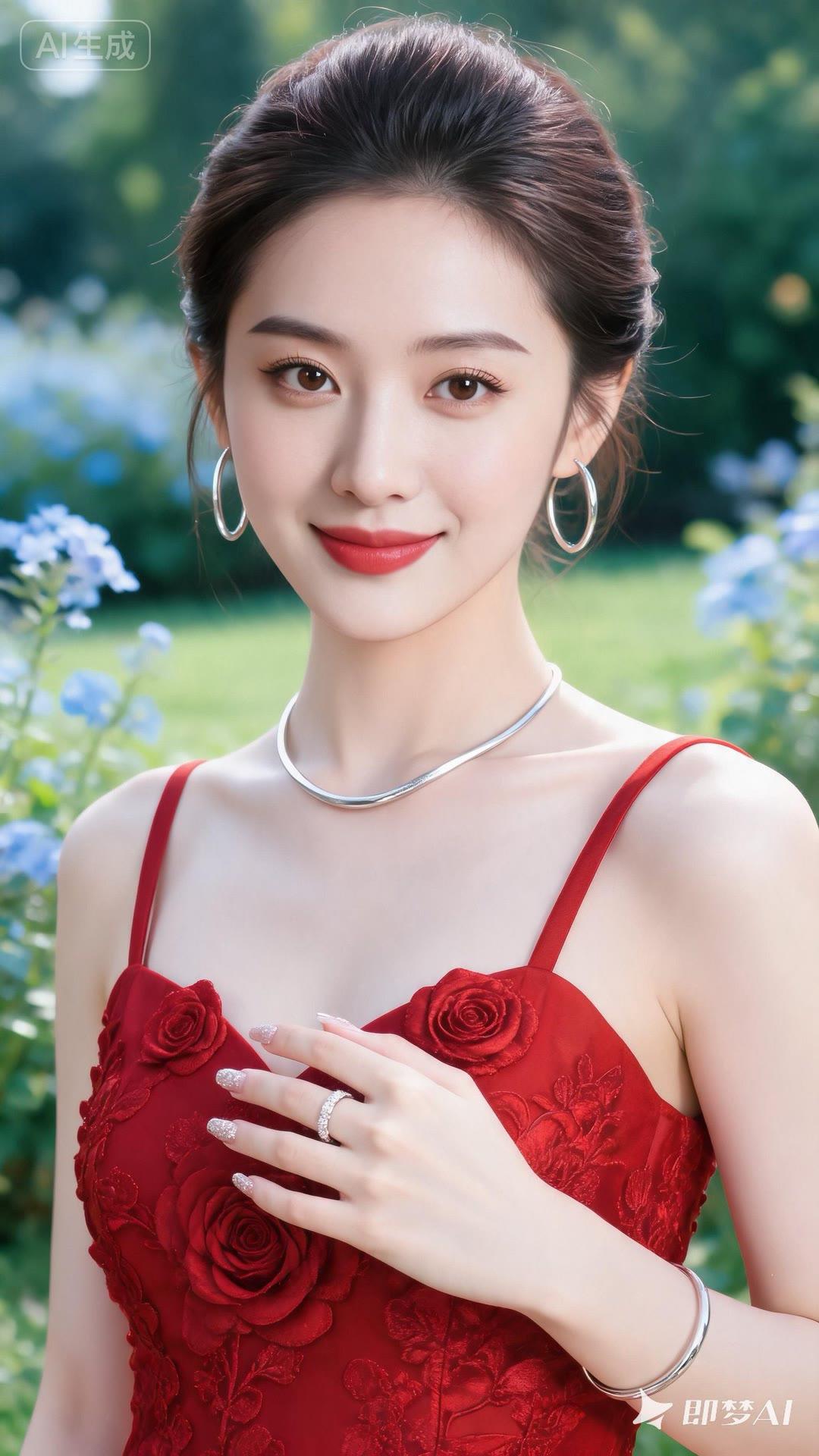 优雅红裙，花海中的迷人少女🌸✨