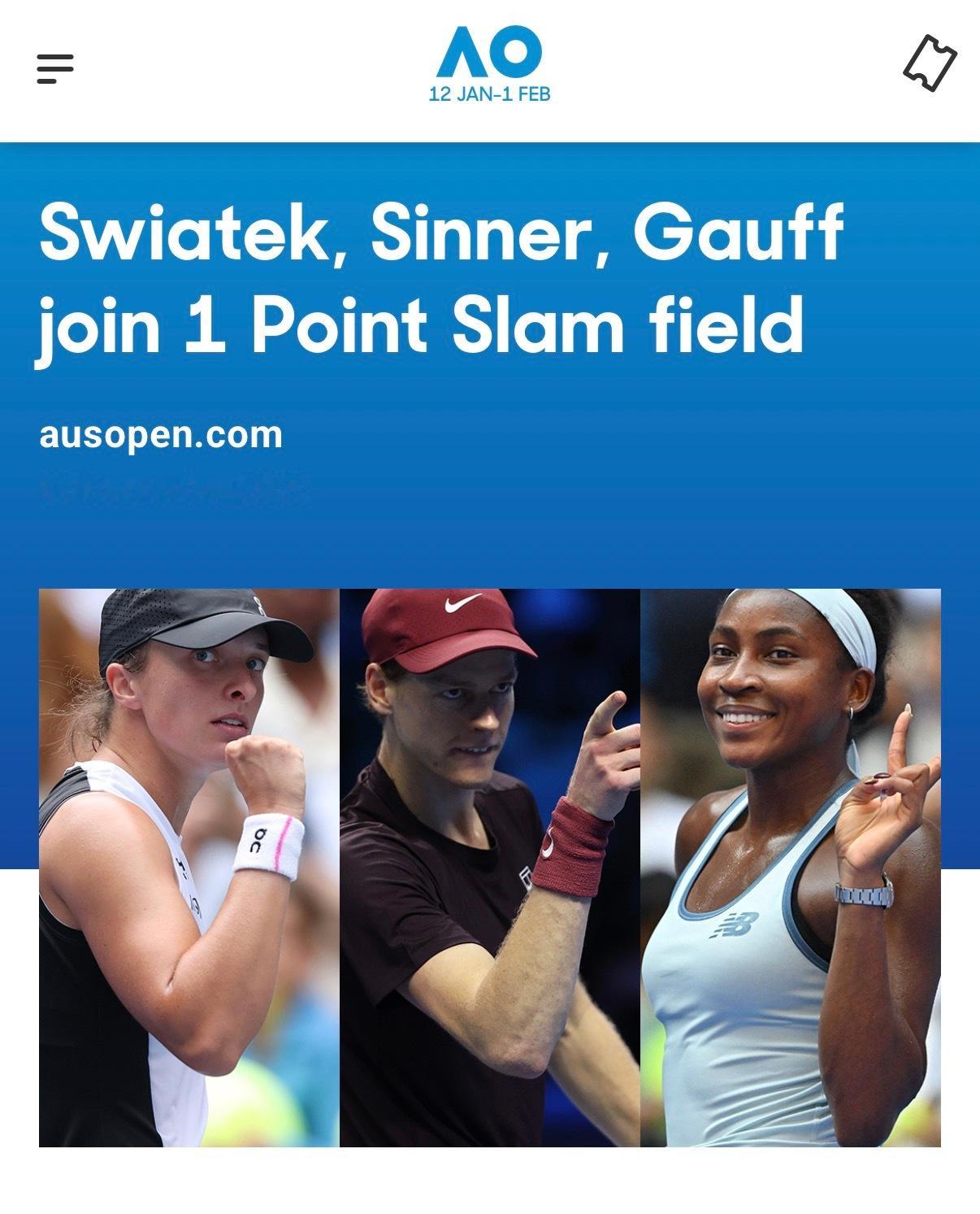 辛纳、斯瓦泰克、高芙将参加2026澳网一球制胜大奖赛，争夺100万澳币奖金💰阿