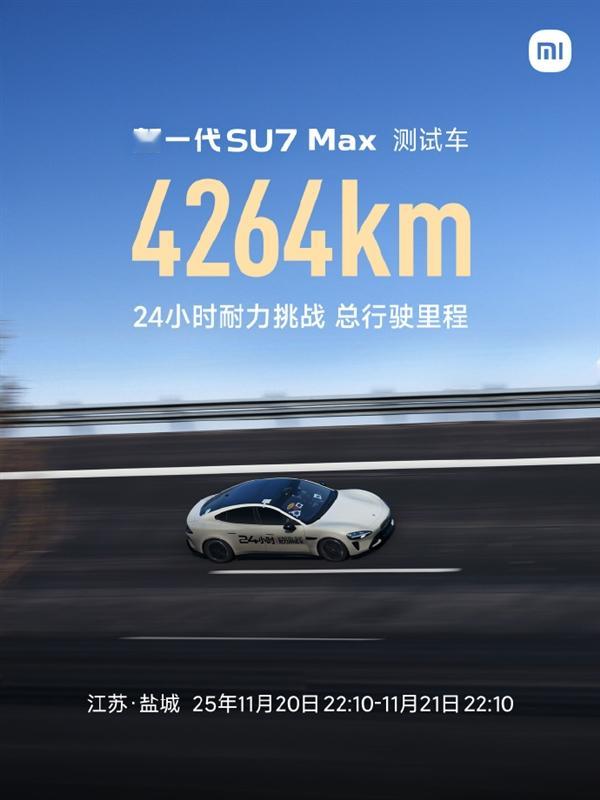 用短跑速度跑马拉松！小米新一代SU7 Max 24小时耐力挑战：斩获4264km