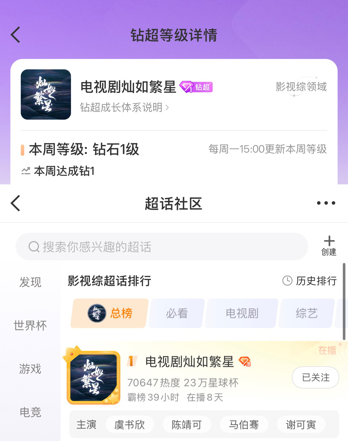 钻超➕影视综超话总榜第一灿如繁星好让人安心虞书欣林晚星