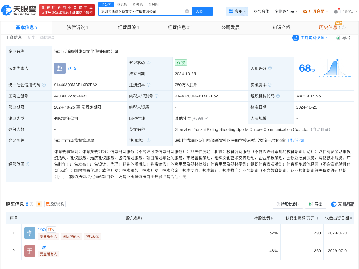 【#于适持股公司经营异常#】天眼查App显示，近日，深圳云适骑射体育文化传播有限