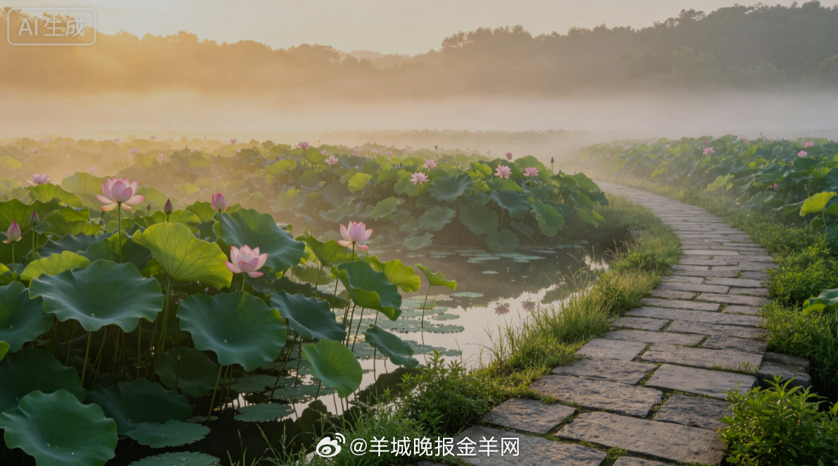 #早安# 初夏晨光温润柔和，薄雾轻绕满池青荷，沿青石板小路缓缓漫步。清风送来荷叶