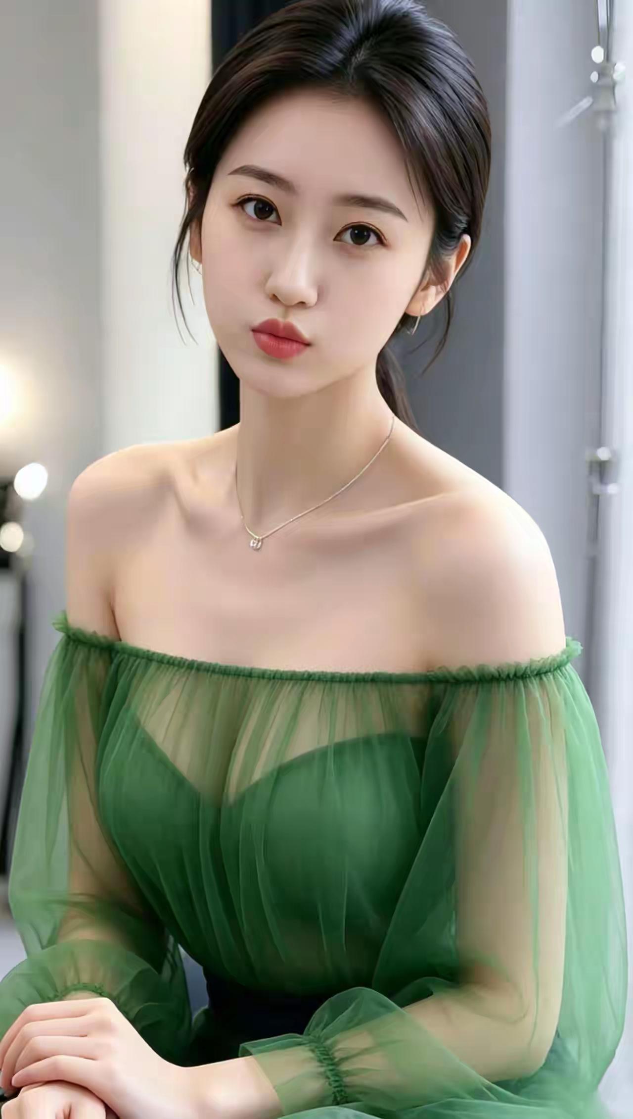 清新脱俗的绿色露肩连衣裙，优雅气质满满！养眼美照分享