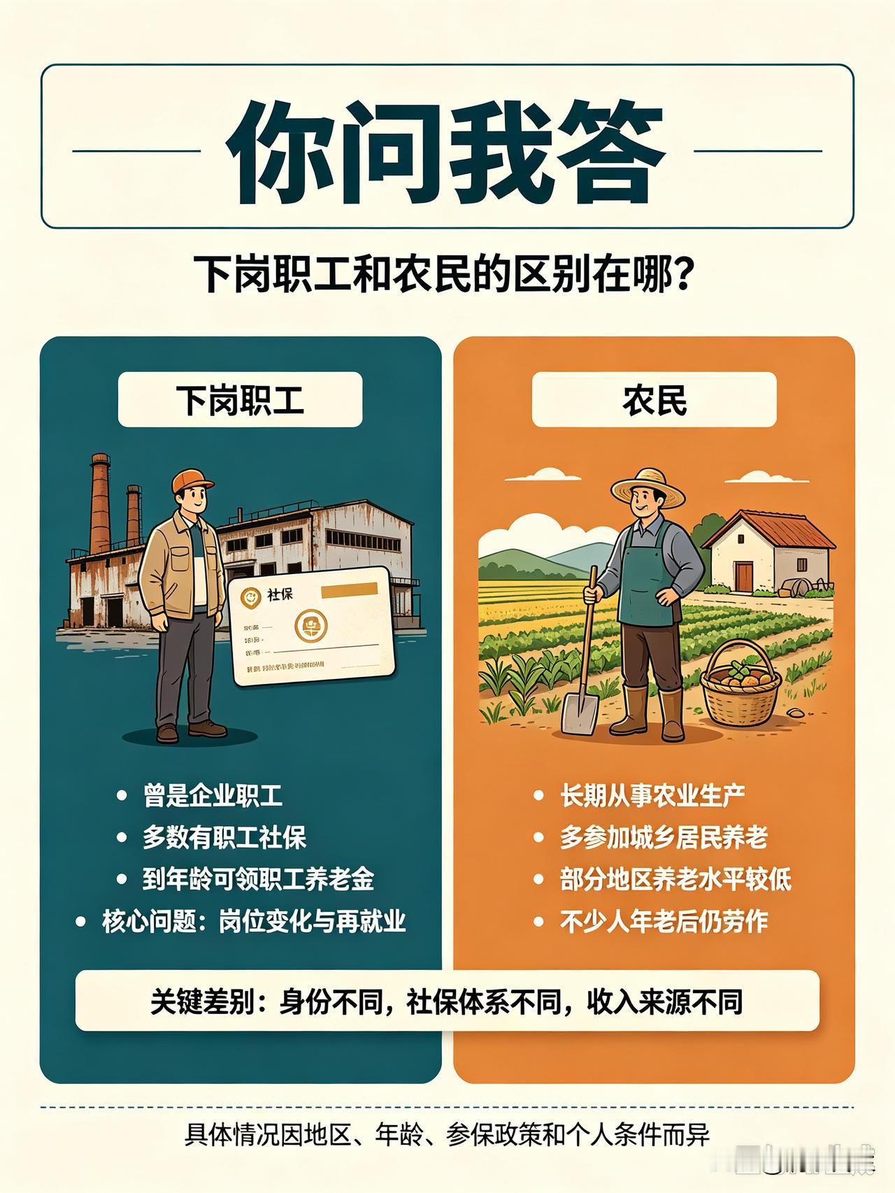 问：下岗职工和农民的区别在哪？
答：下岗职工从前属于企业职工，在岗缴纳职工养老保