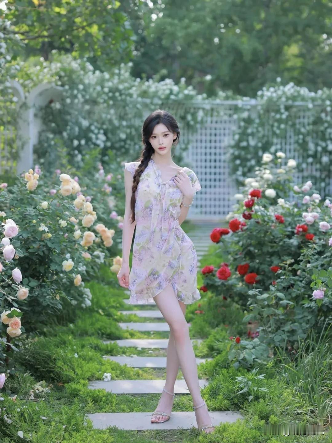在花园里拍照，裙子一穿，氛围感就来了。

但很多人站着比个耶，拍出来总差点意思—