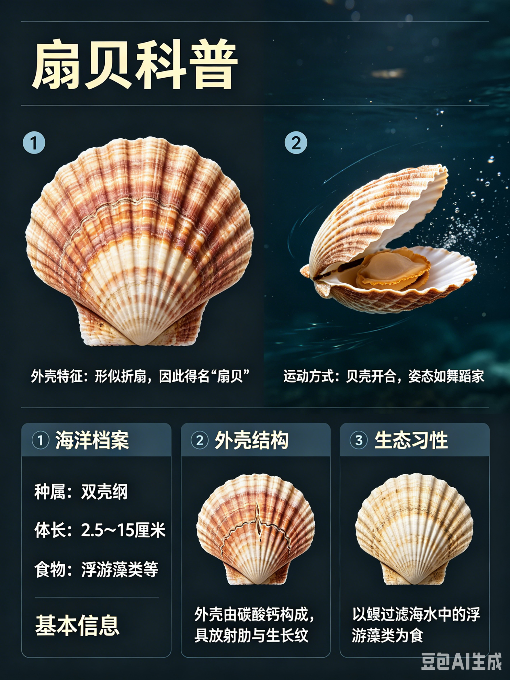 海洋朋友圈 扇贝海洋档案种　属：双壳纲体　长：2.5～15厘米食　物：浮游藻类等