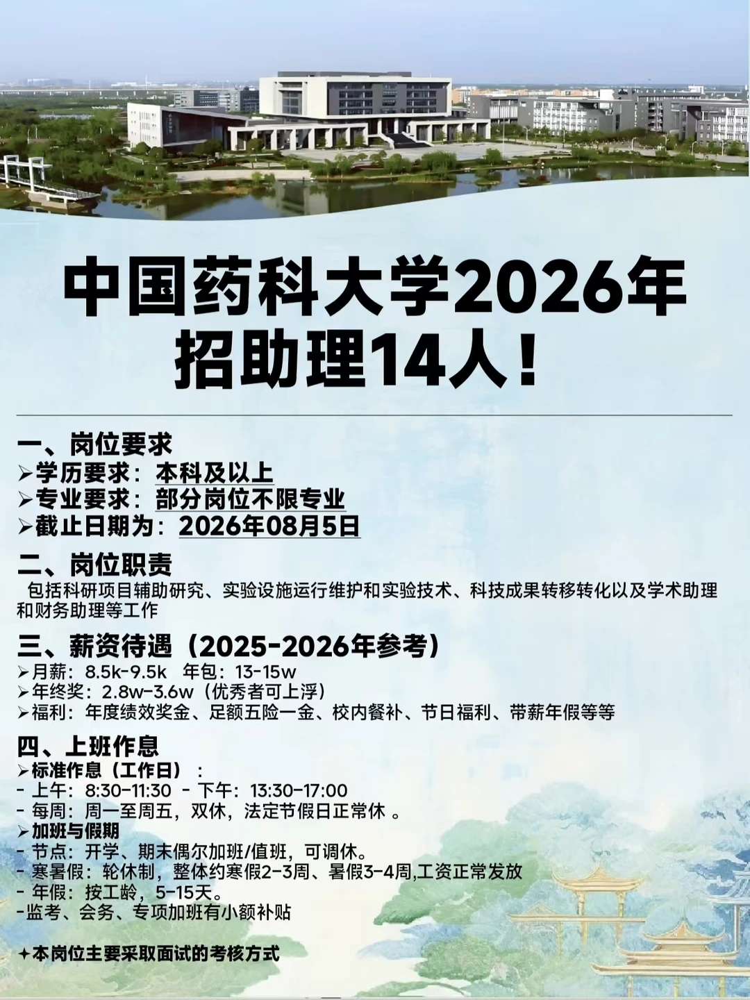 ‼️在南京，药科大学招助理啦！不限专业！