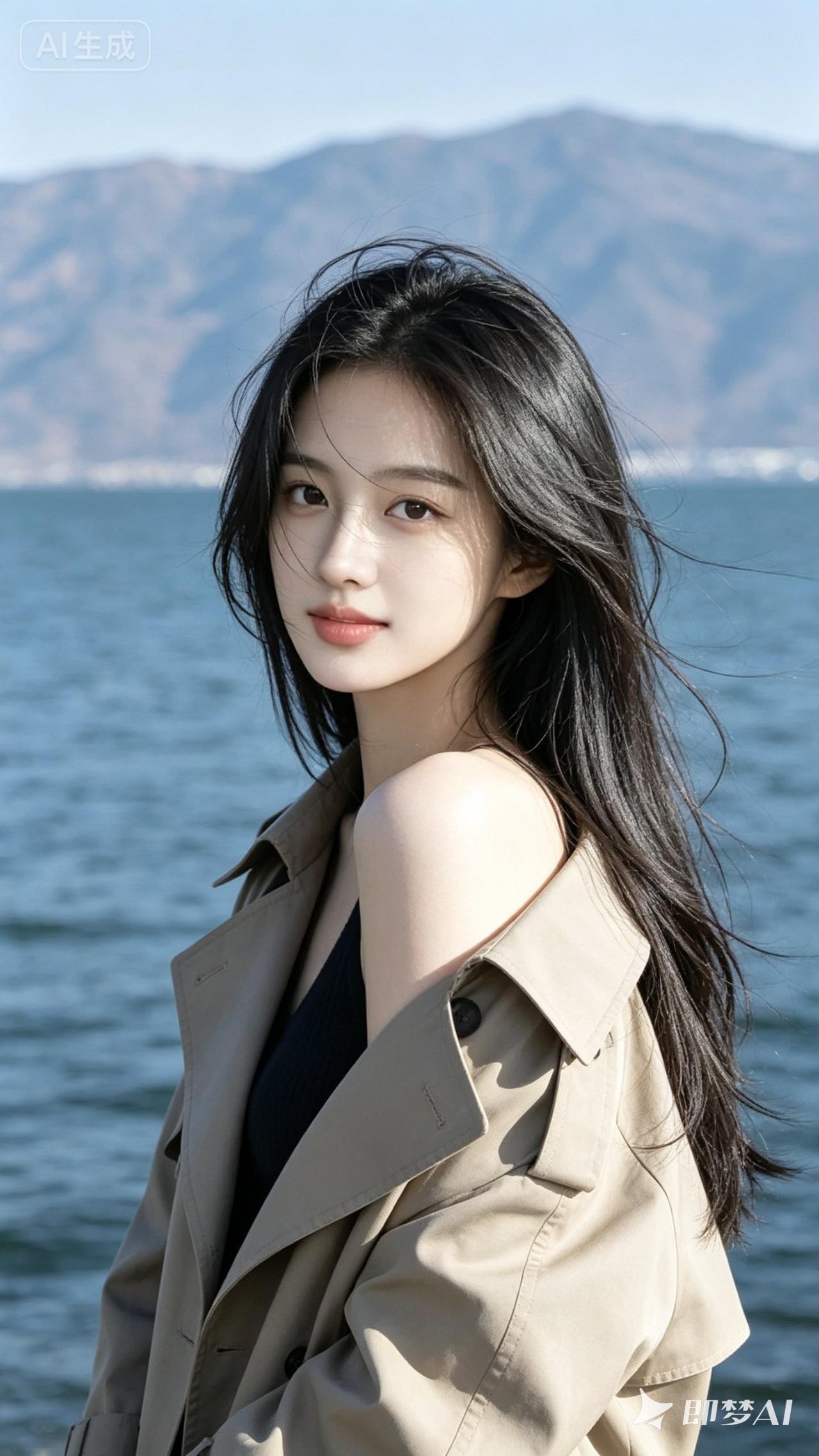 海边少女，微风轻拂，阳光灿烂，自然清新