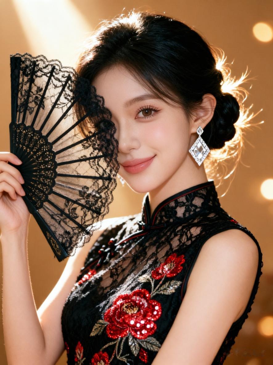 优雅复古风，黑纱旗袍配耳环，复古优雅，尽显东方韵味。