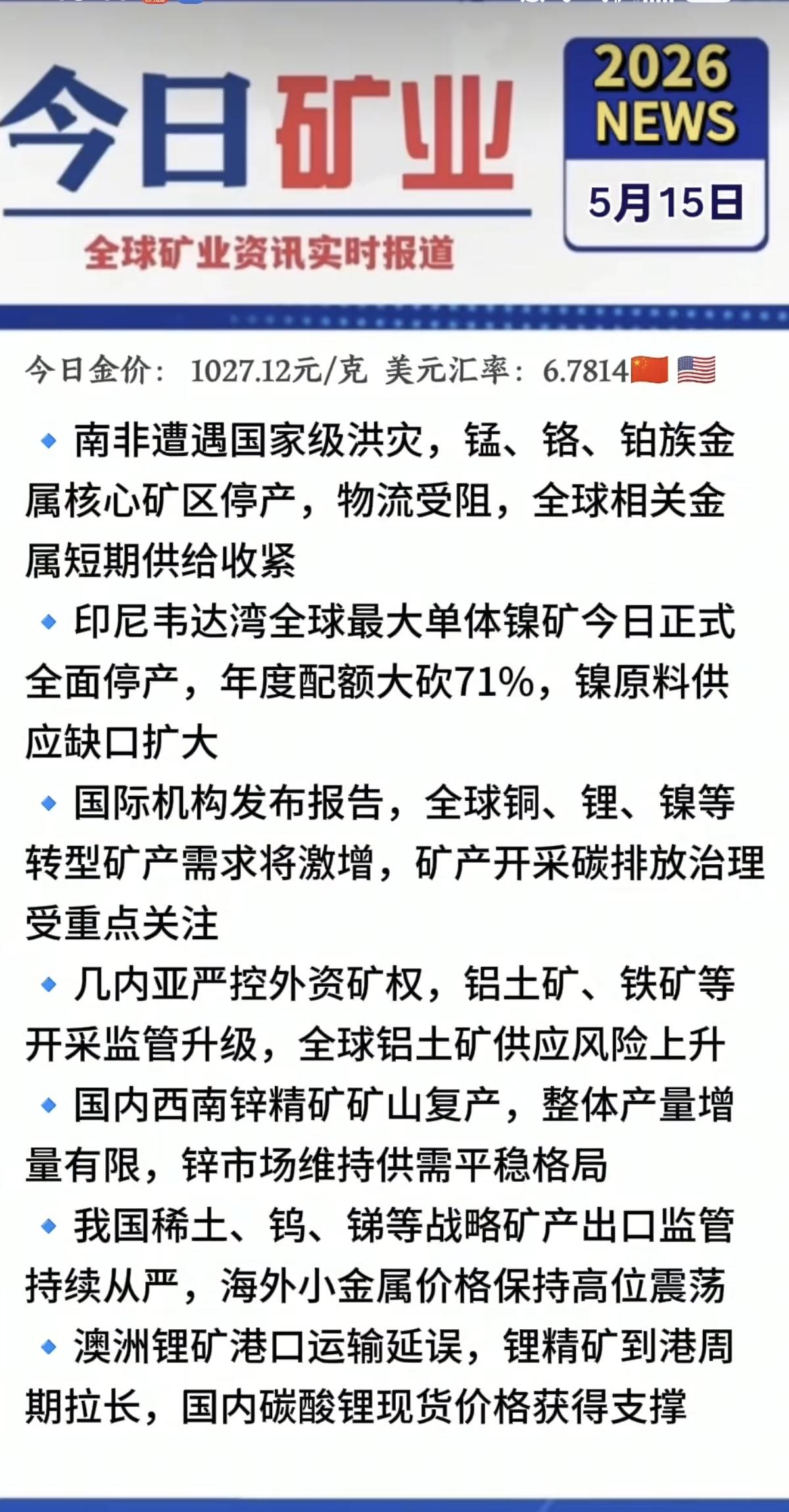 5.15周五  最新：有色金属+矿业新闻！

1.锂  金属矿，反弹在即
2.南