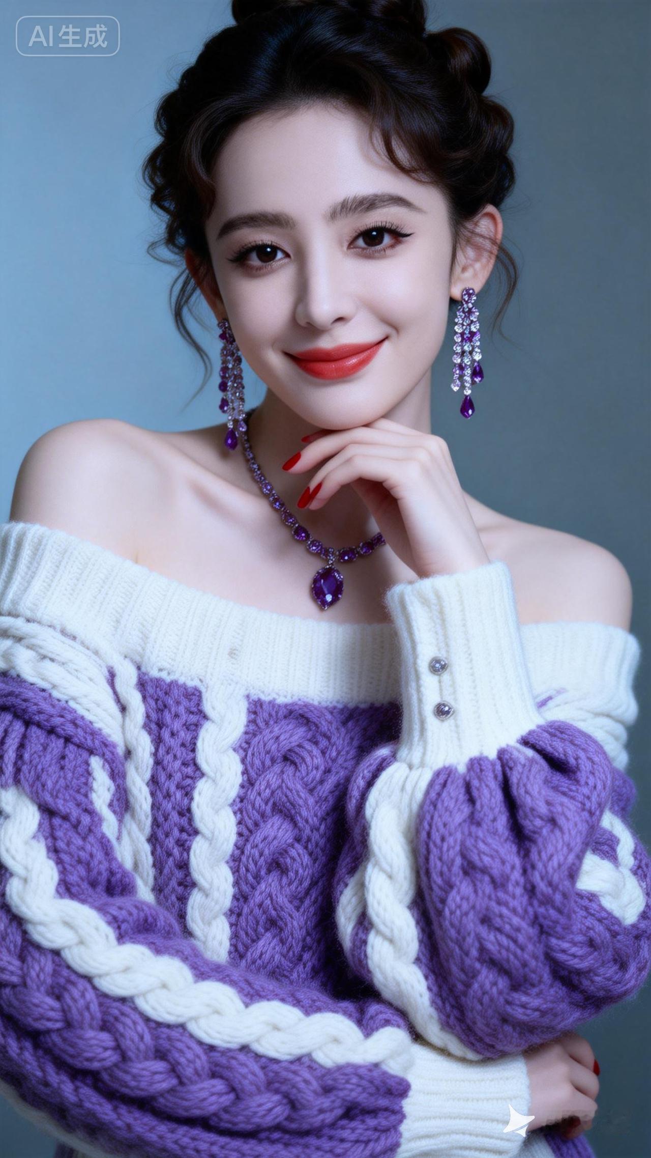 甜美少女风，紫色毛衣搭配珍珠项链，温柔可人！