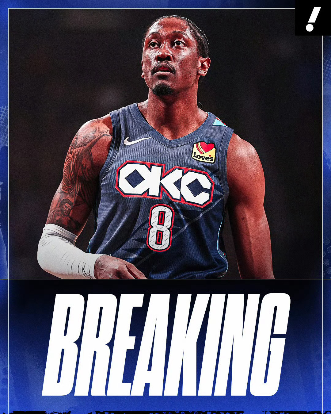 Shams 报道，雷霆球员杰伦-威廉姆斯遭遇左腿一级腿筋拉伤，将按周进行重新评估