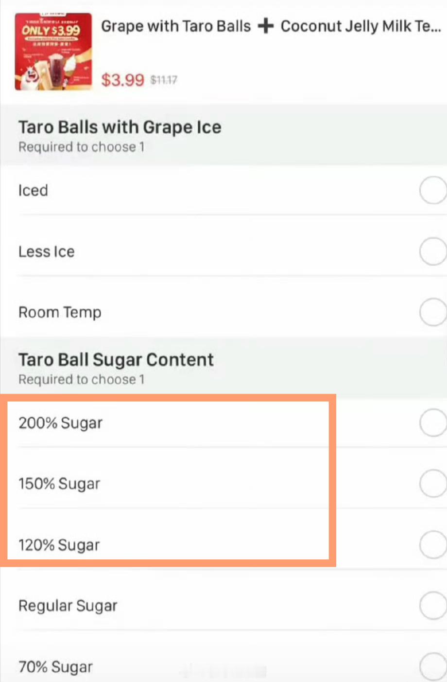 美国蜜雪冰城糖度除了常规的正常糖、七分糖、五分糖、三分糖、无糖的选项外，还有12