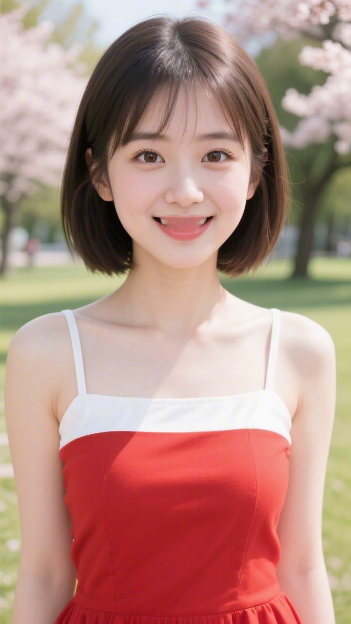 春日樱花下的甜美笑容，红白相间的连衣裙，少女心满满！🌸💕