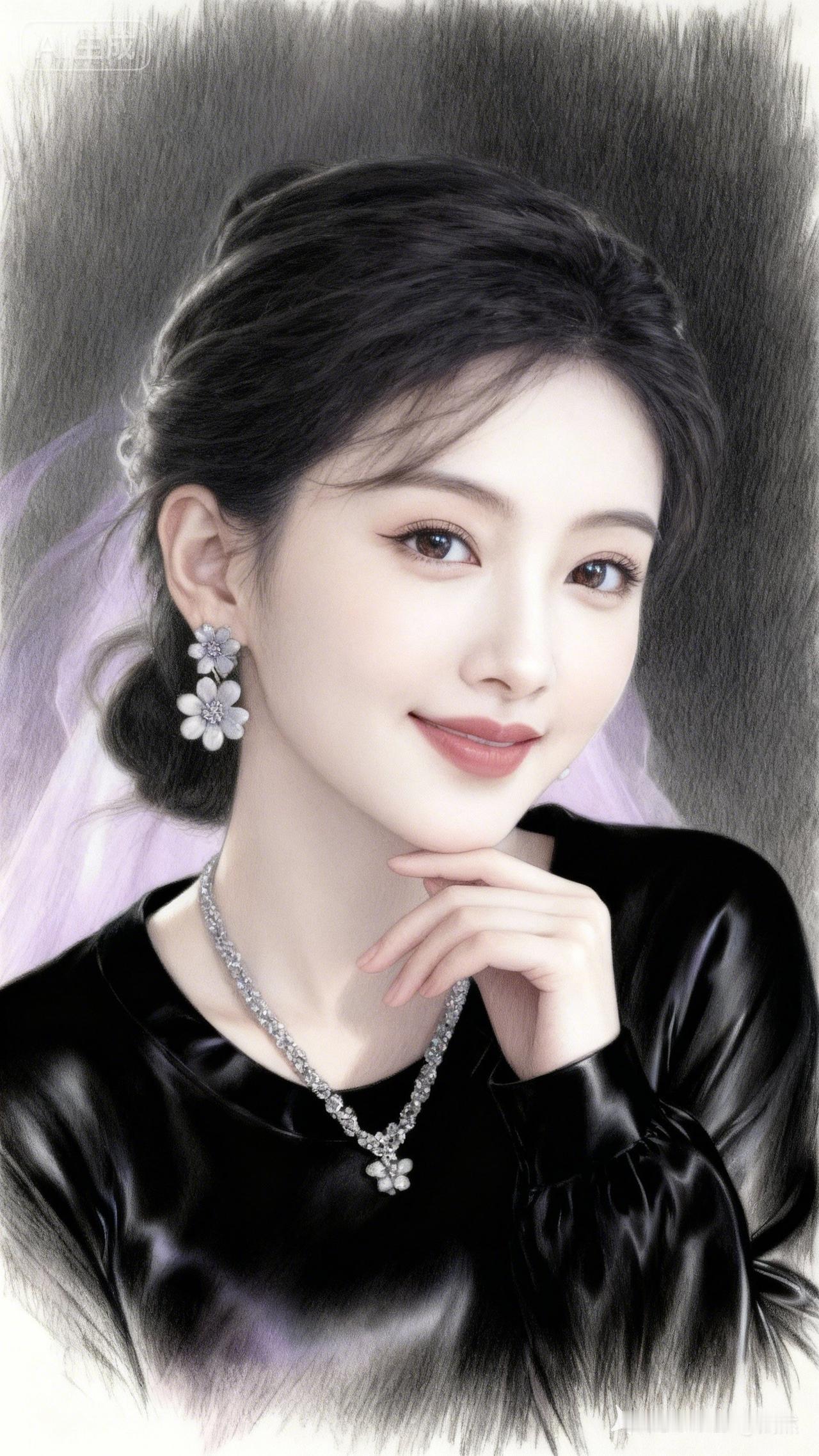 优雅黑裙少女，微笑动人，珠宝闪耀，气质非凡。