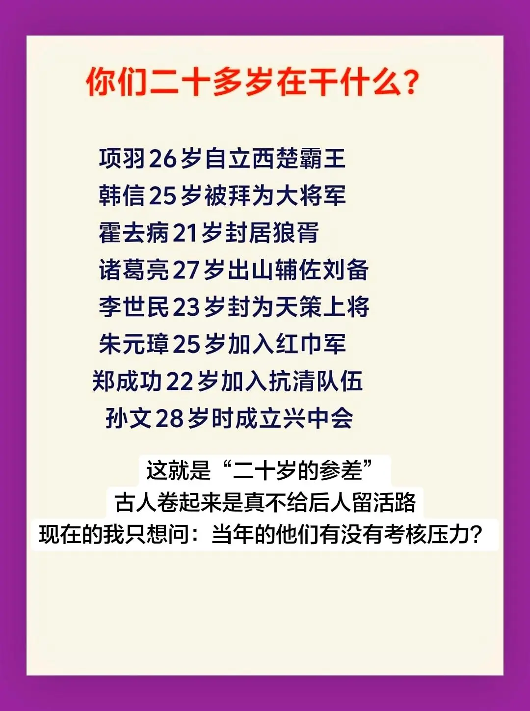 你们二十多岁在干什么？这就是二十岁的参差，古人有雄心壮志，为什个现在的...