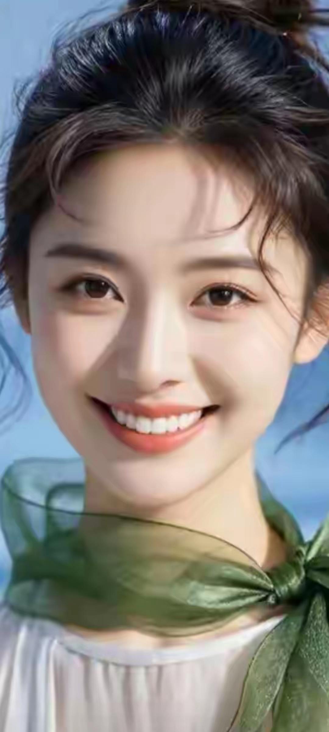 甜美微笑，绿色丝巾，完美