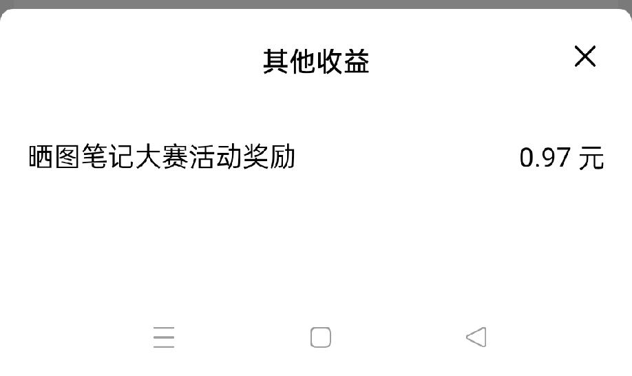 今天得到了“晒图笔记大赛”活动奖励0.97元，不管钱多少，只要有，就高兴，越多越