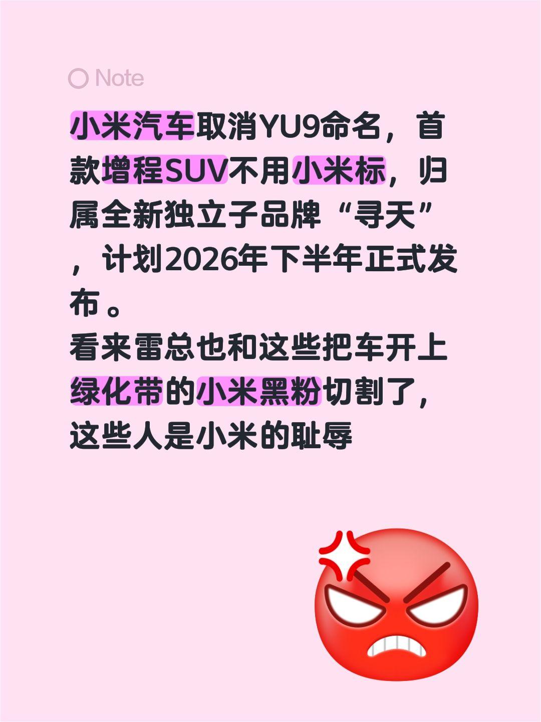 小米汽车取消YU9命名，首款增程SUV不用小米标，归属全新独立子品牌“寻天”，计