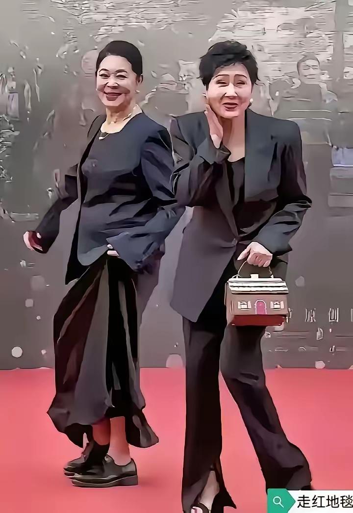 虽说倪萍和张凯丽都穿着黑色正装，可她俩的神情看上去还是颇为滑稽。
倪萍提着长裙，