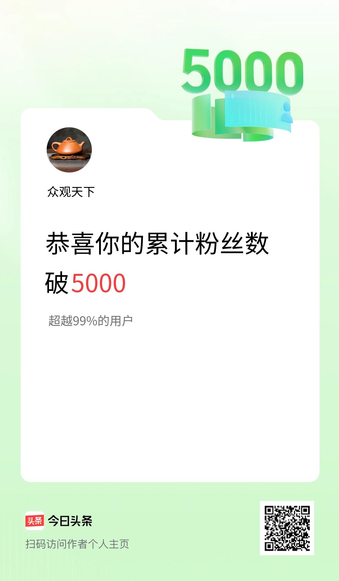 头条粉丝破5000啦！感恩每一位朋友的关注与陪伴！
 
从0到5000，每一条点