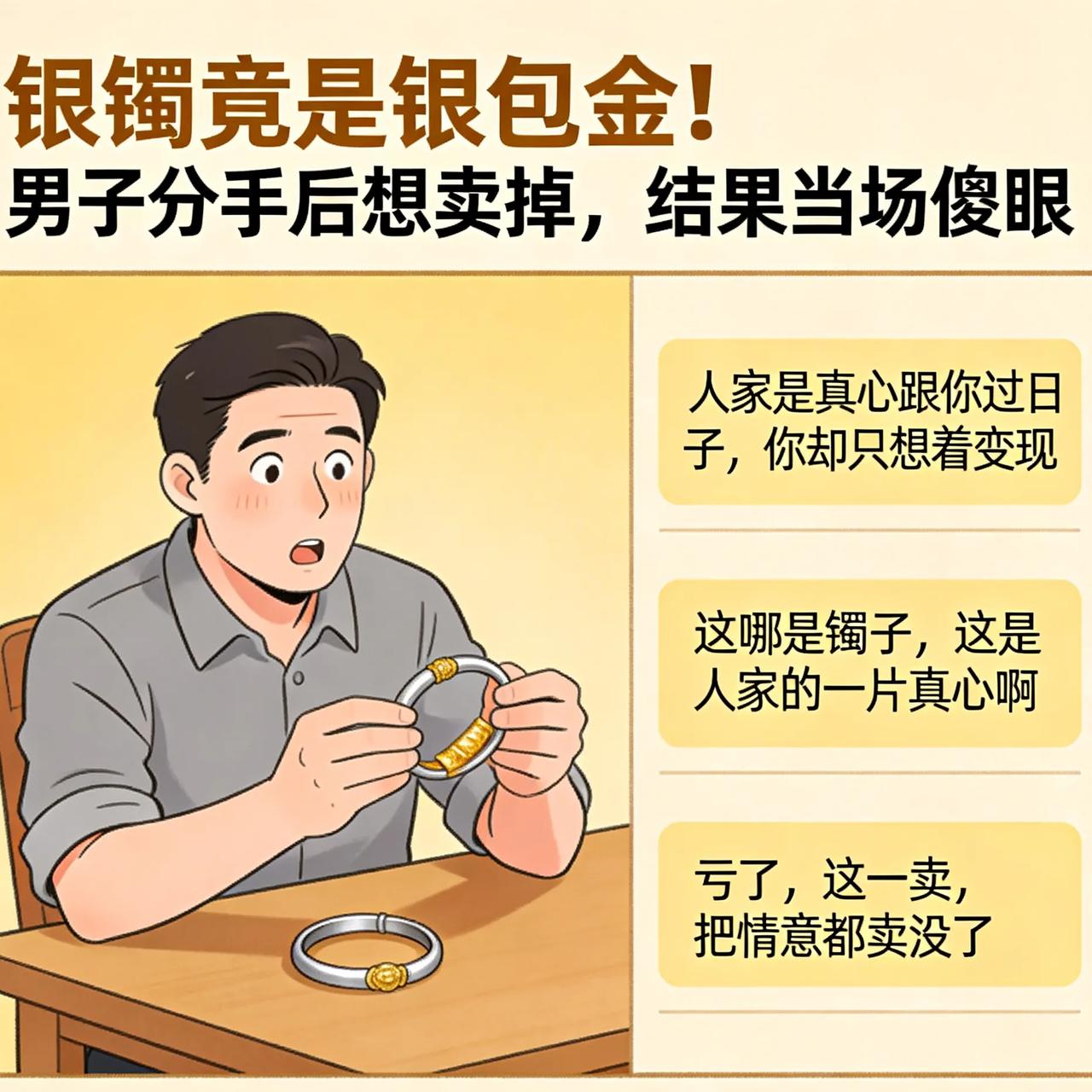 银镯竟是银包金！男子分手后想卖掉，结果当场傻眼
 
男子分手后，想着把前女友送的