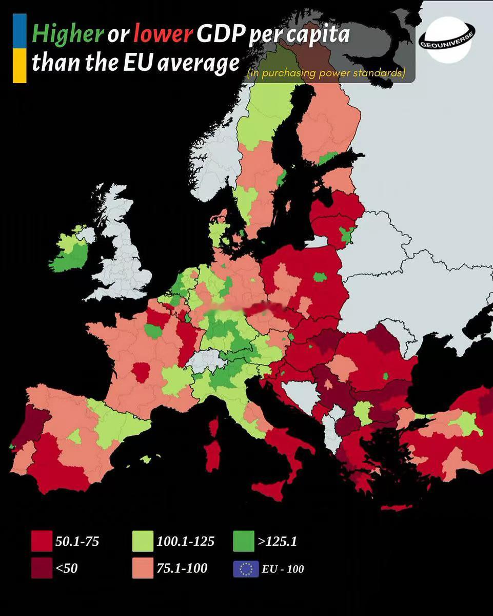 人均GDP高于或低于欧盟平均水平的分布图 
