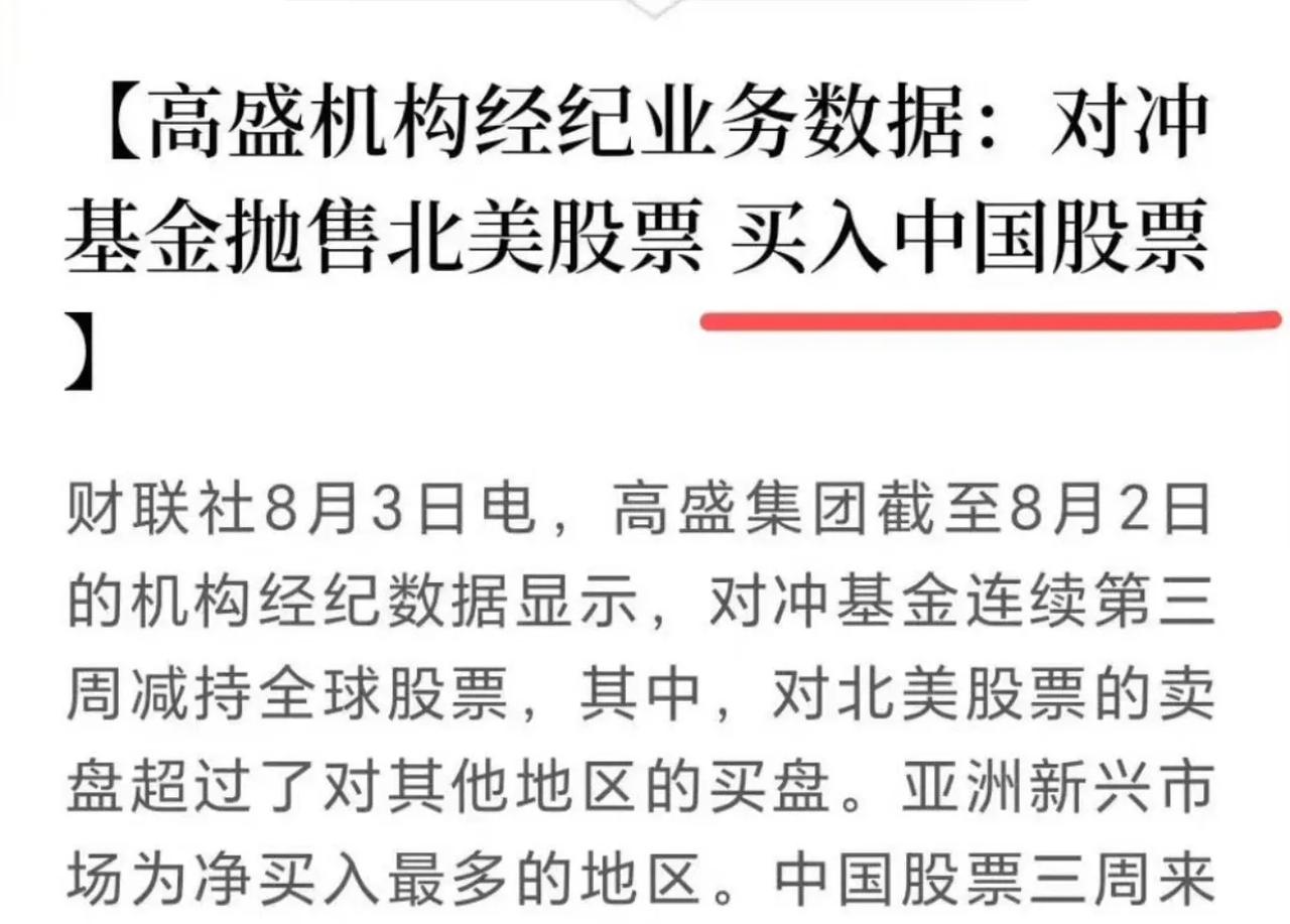 利好来了！美国高盛机构经纪业务数据：对冲基金抛售北美股票，买入中国股票！

这回