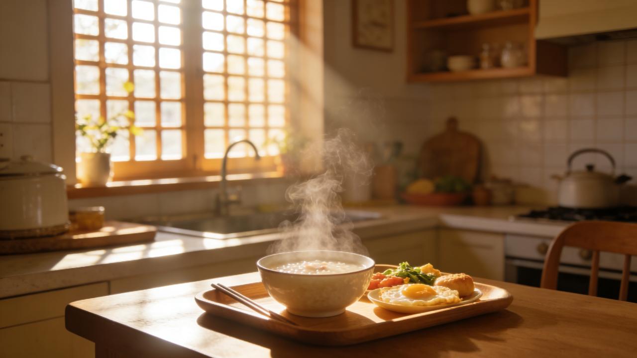 晨光透过窗棂洒在早餐盘里，热粥冒着氤氲的香气；晚风拂过街巷时，家人闲坐灯火可亲；