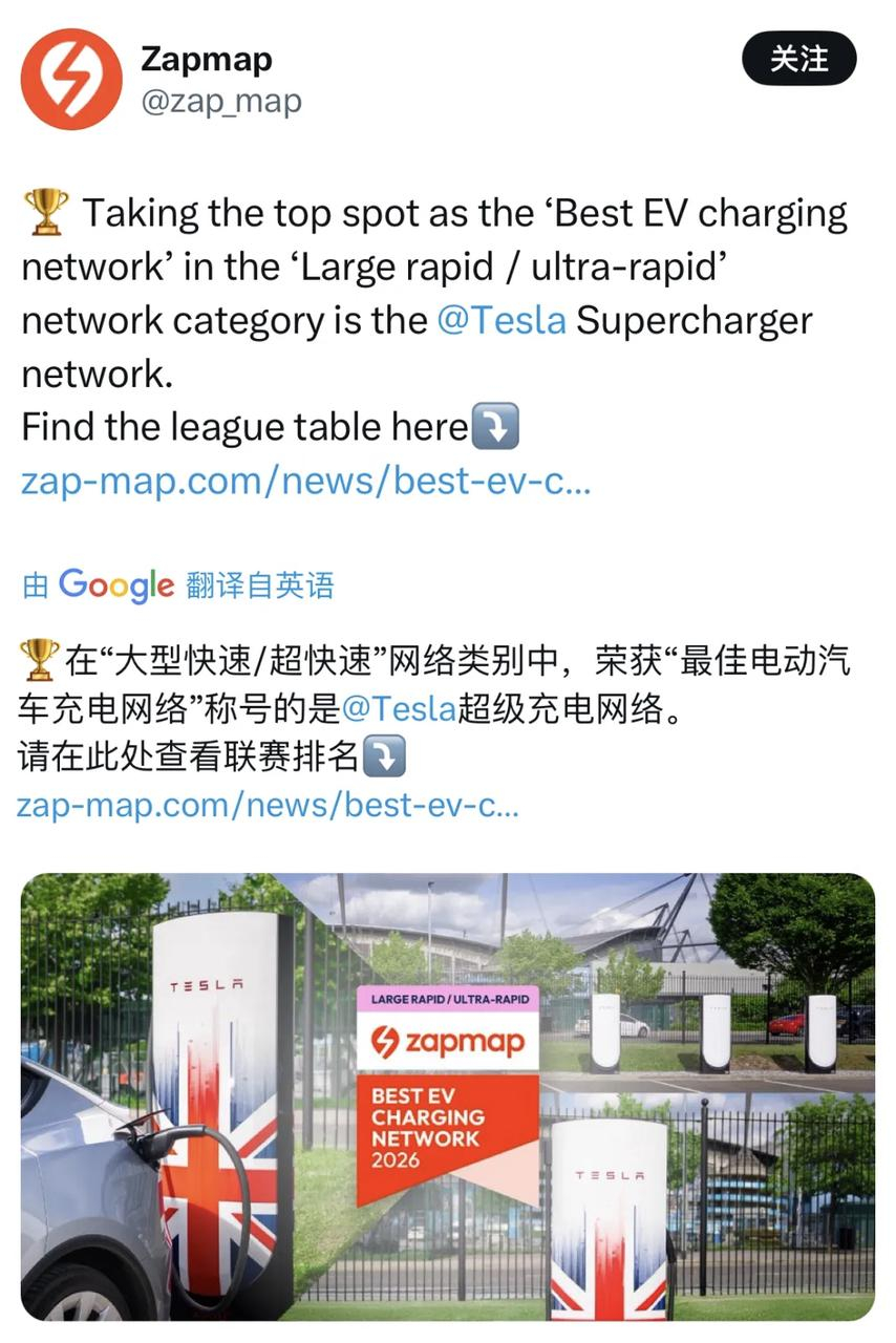 在英国充电网络平台Zapmap发布的排名中，特斯拉超级充电网络连续第二年被评为大