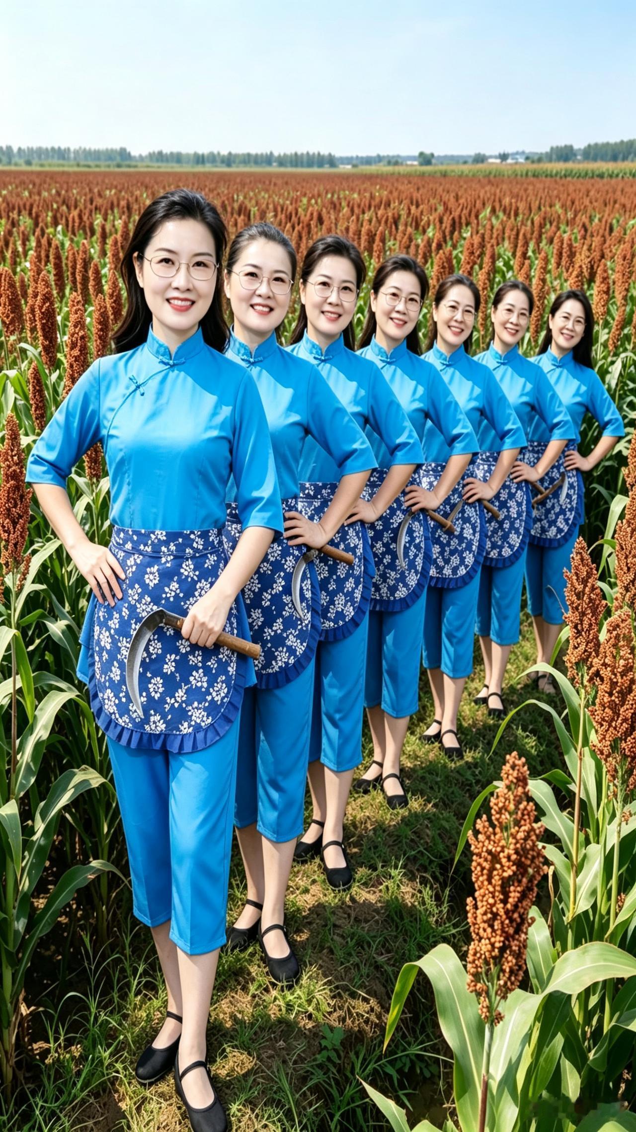 大伙来瞧瞧！这片红高粱地里站着一排大姐，身着蓝布衫，系着花围裙，每人手里握着一把