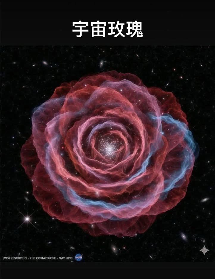 宇宙中的一朵玫瑰花 ，由哈勃和韦伯太空望远镜拍摄合成。

当黑洞吞噬中子星时，合