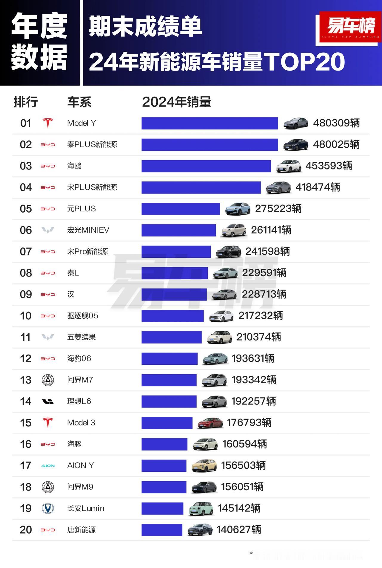 2024年新能源汽车销量TOP20，特斯拉Model Y第一，销量480309辆