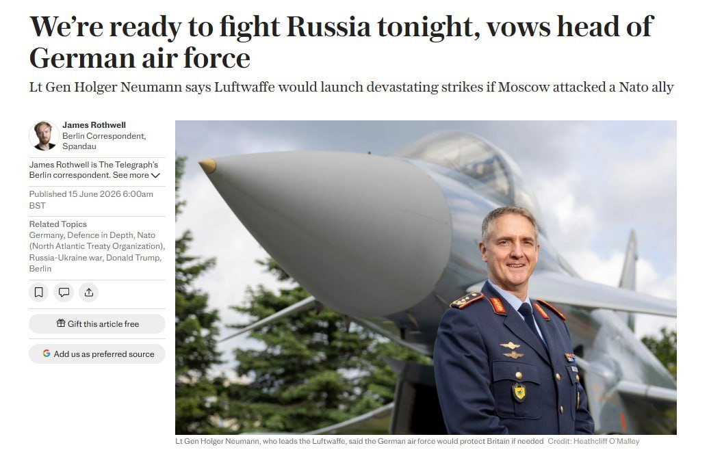 🇩🇪🪖🇷🇺⚡️ — 德国空军参谋长霍尔格·诺伊曼中将告诉《每日电讯报》