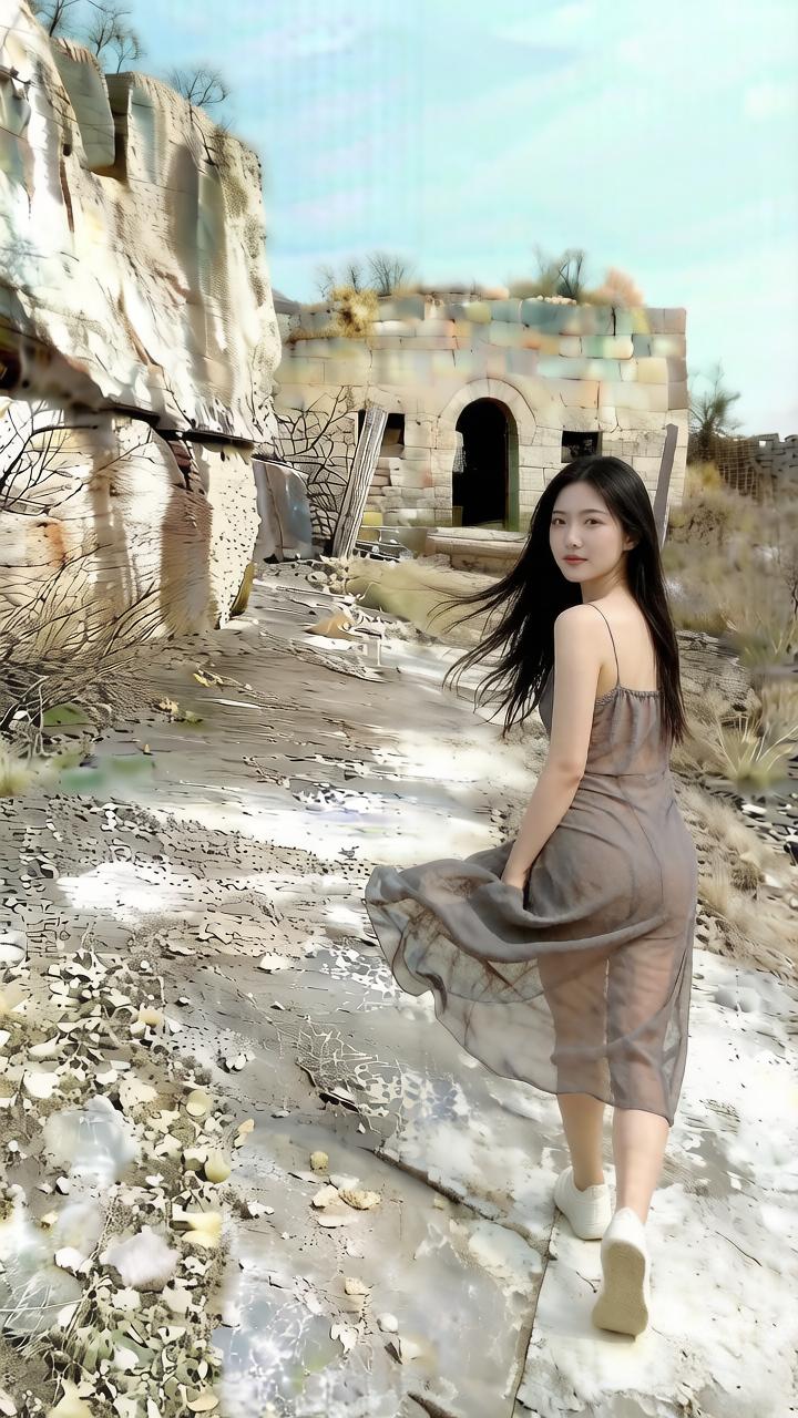 《墟间寻昔》
白鞋踩过细碎的晨光，纱裙被山风拂成一抹轻云。她循着爷爷当年的足迹，