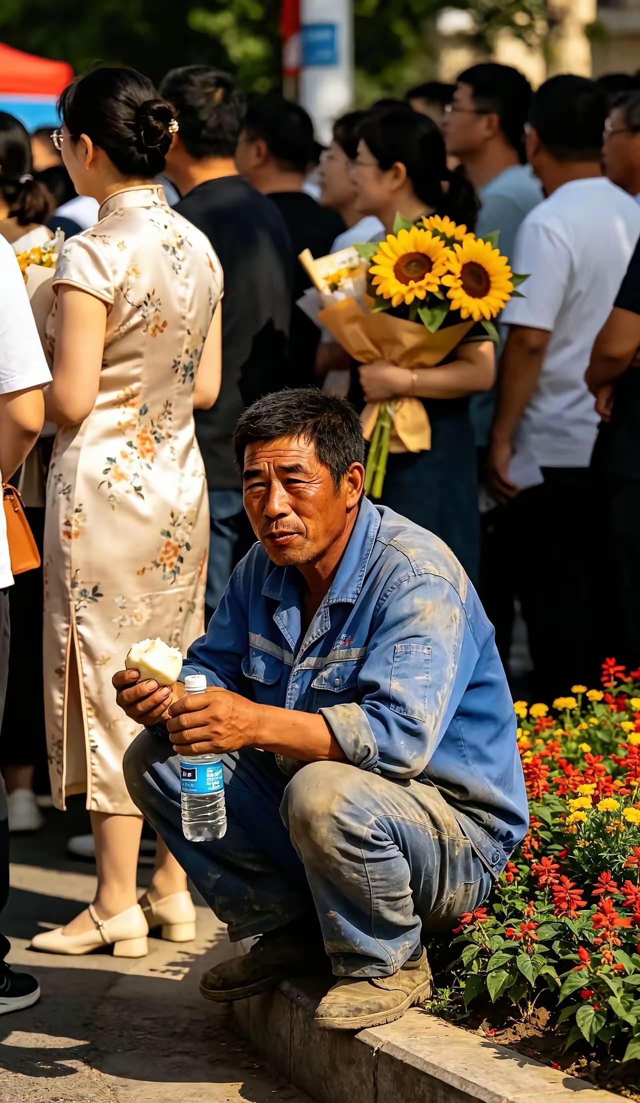 一个高考的现场，这个男家长与其他的家长穿着打扮是格格不入，别人家的爸爸和妈妈穿着