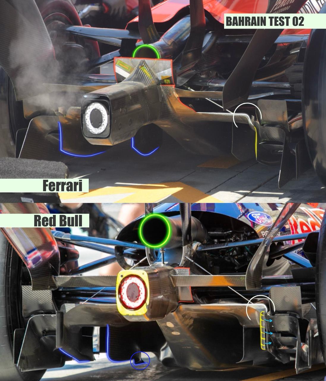 法拉利 SF26的扩散器与红牛 RB22的扩散器放在一起对比，能看出很多处不同可