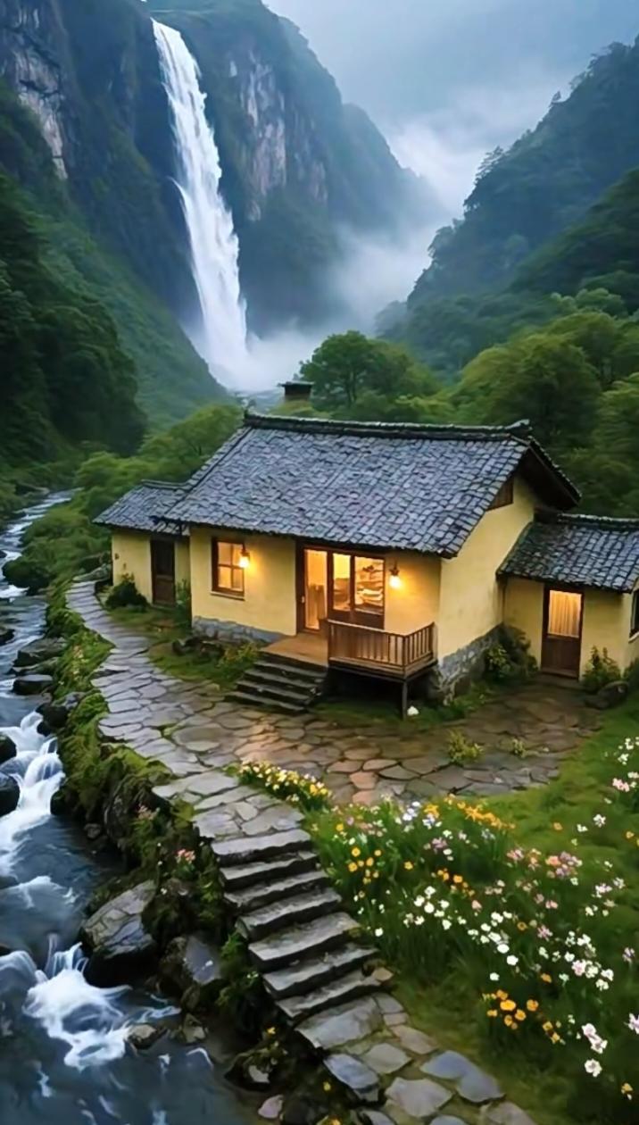 山间木屋静立，被漫山花海温柔环抱。微风轻拂，花香漫溢，恍若坠入童话，心归安宁，独