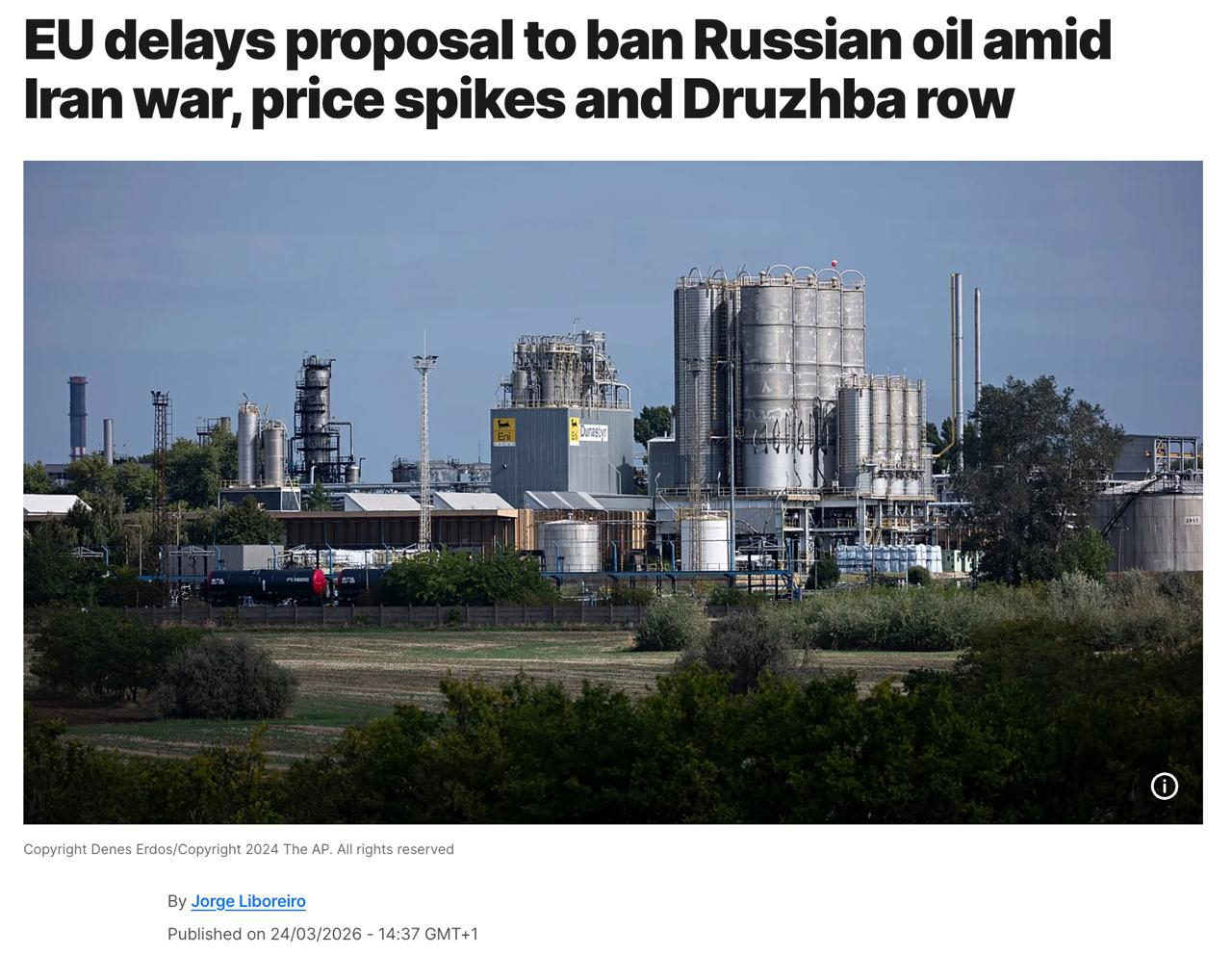 欧盟推迟了永久禁止俄罗斯石油进口的提案，原因包括与伊朗的战争、油价上涨以及围绕“