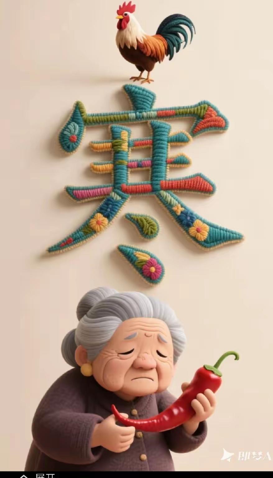 一个公鸡
一个寒字
白发老太婆
拿了个海椒
有几人能秒猜
出这个成语
脑筋转动，