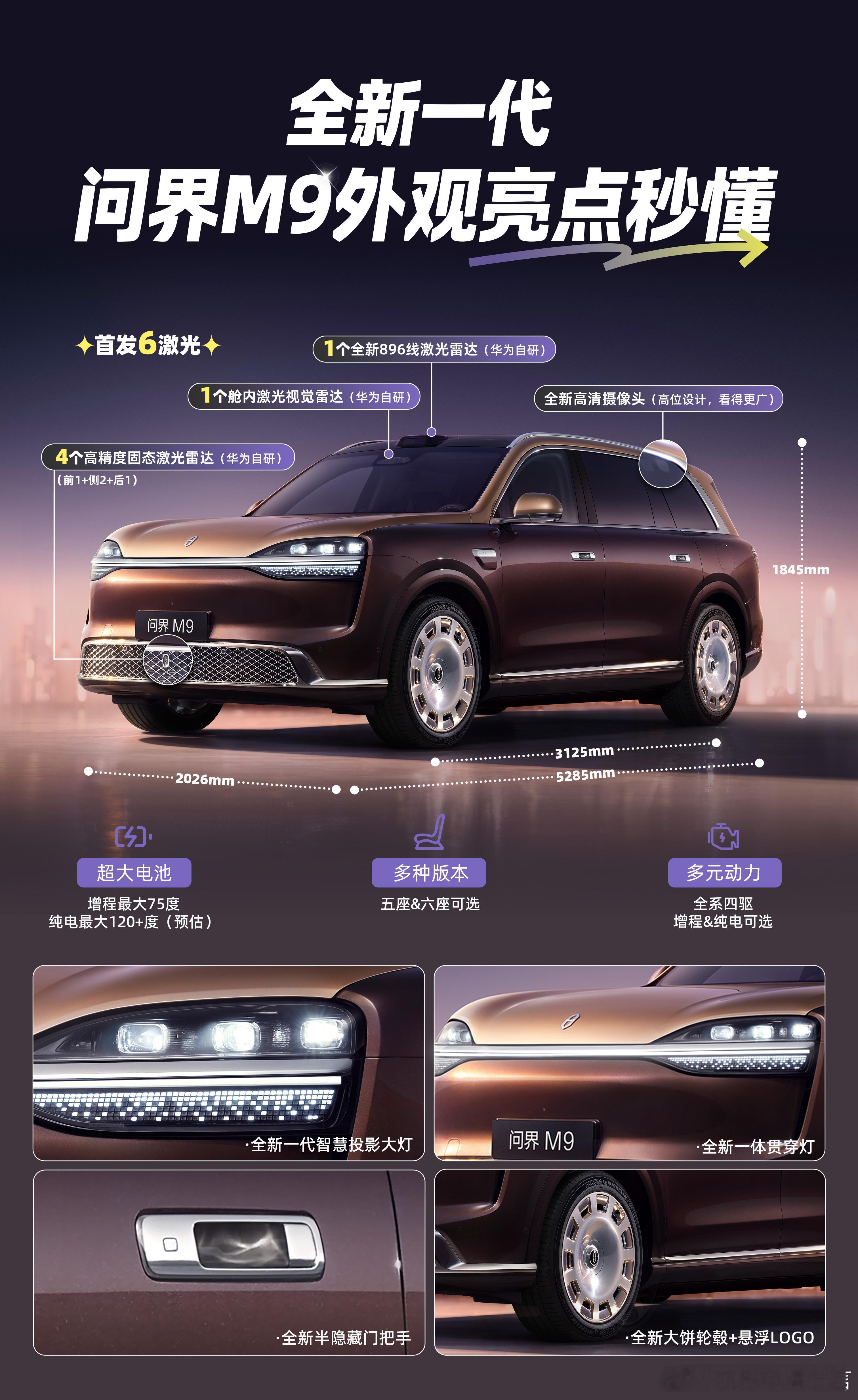 全新一代问界M9官宣，6 激光雷达+全主动智能底盘，太强悍了。 
