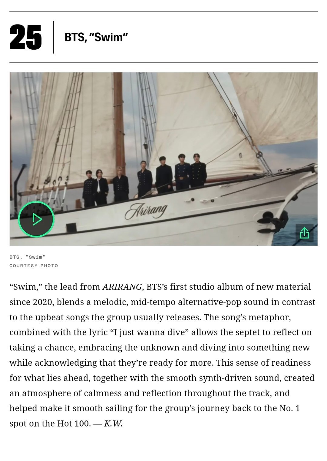 BTS《SWIM》入选🇺🇸Billboard “2026年迄今为止最佳歌曲”