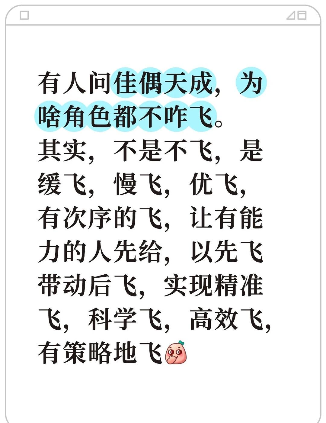 不是不飞！
是缓飞，慢飞，优飞，有次序的飞，让有能力的人先给，以先飞带动后飞，实