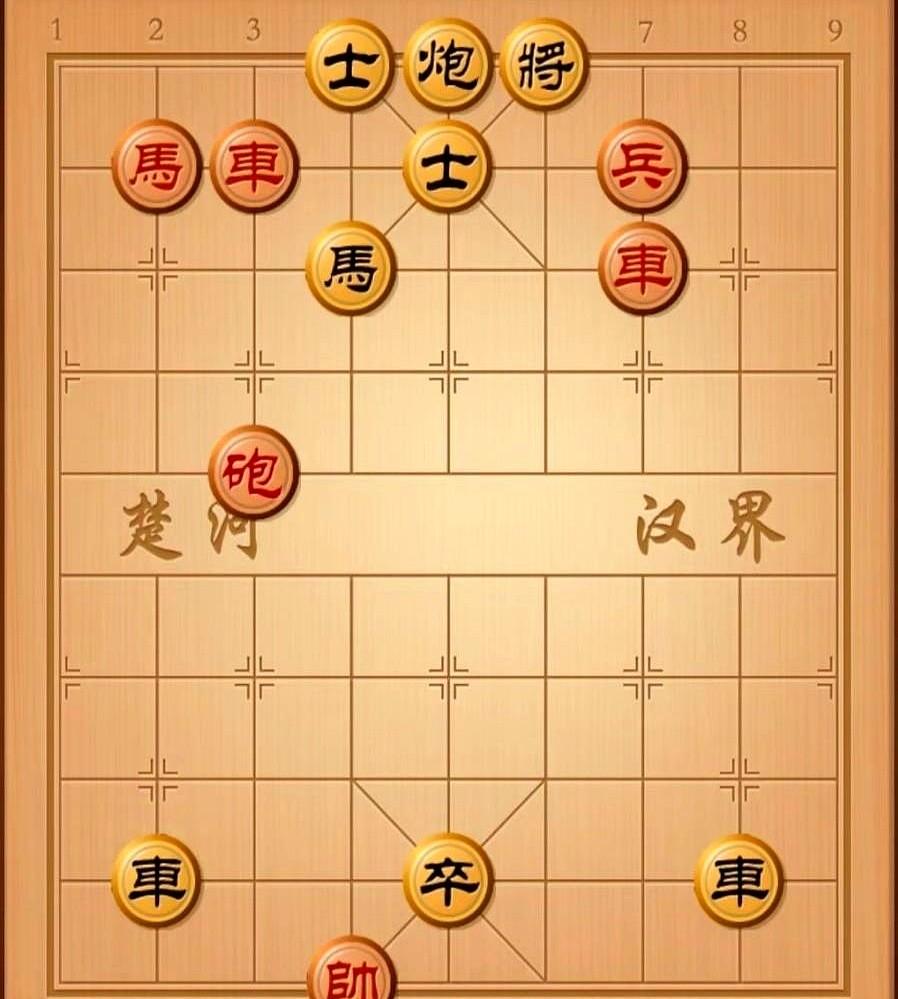 五步就可以取胜的棋，抓住敌人弱点进行攻击，而必取得胜利。
黑方看着兵强马壮，双车