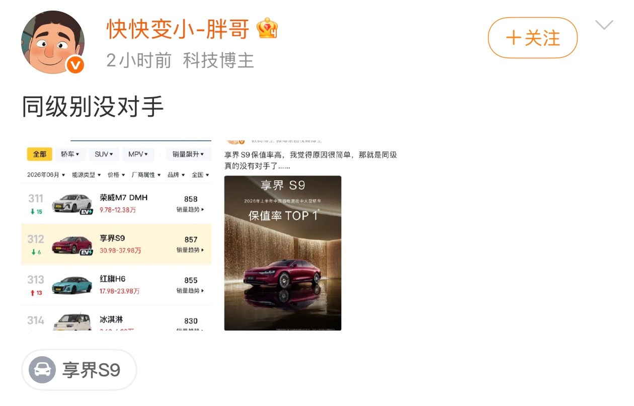 享界S9系列一直是同级的新能源销冠，我说没有对手，有问题？除了硬黑，还会什么？ 