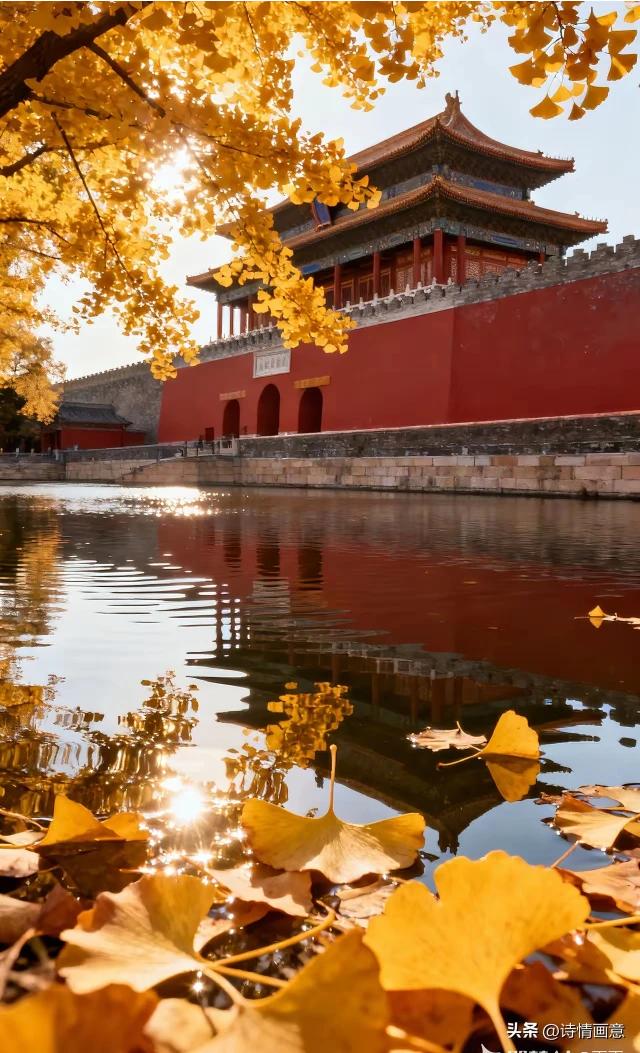 宫墙朱赤映秋光，
银杏金英落御塘。
碧水摇红凝岁月，
色彩斑斓俏夕阳。