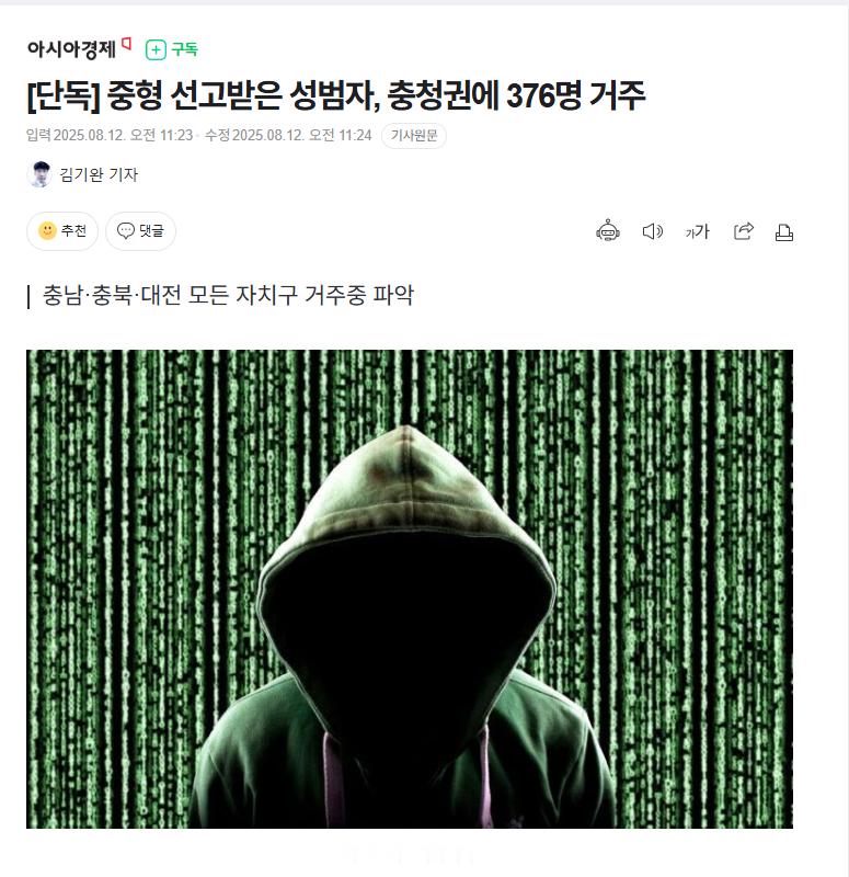 【韩国登记在册的重刑性犯罪者，376人居住在忠清地区】海外新鲜事热点现场 据韩国